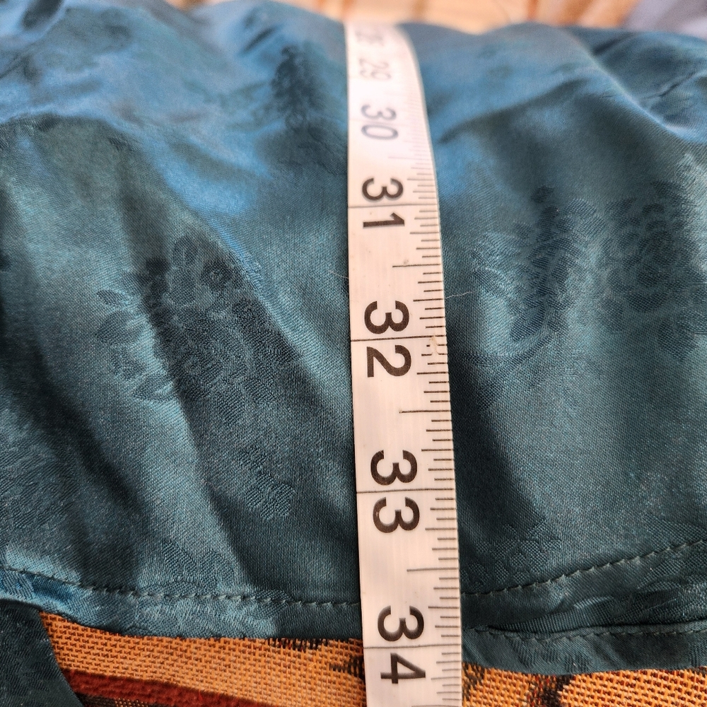 Jacquard Teal Party Satin Dress Size XL Long Sleeve Empire Waist - Picture 11 of 11